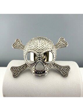 Skull Crossbones Statement Ring Adjustable Silver Tone Halloween Pirate Biker